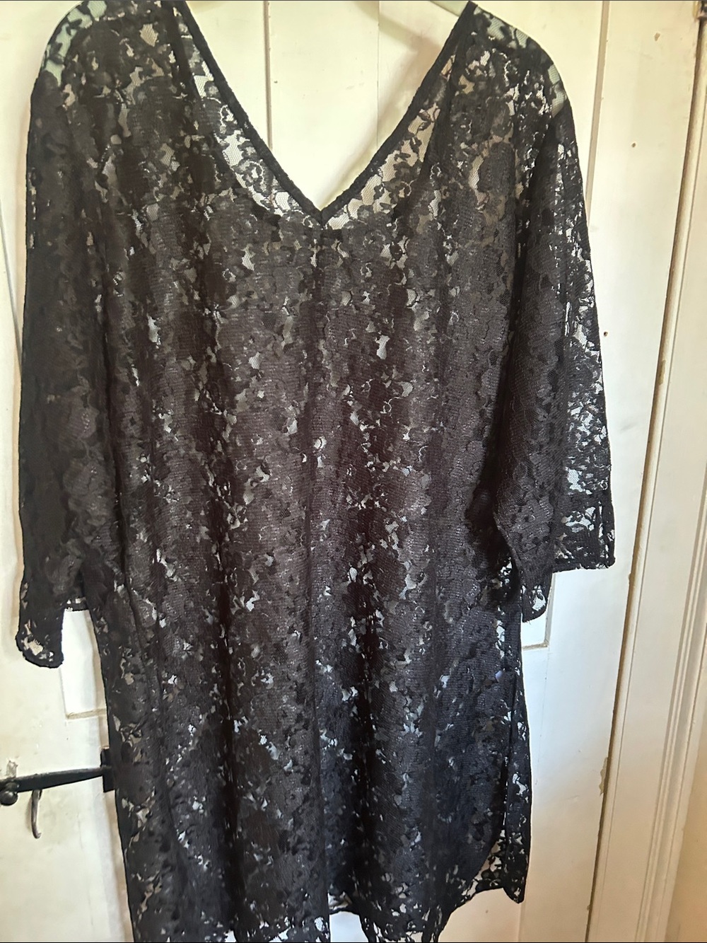 Black Floral Lace V-Neck Tunic with Sheer Overlay